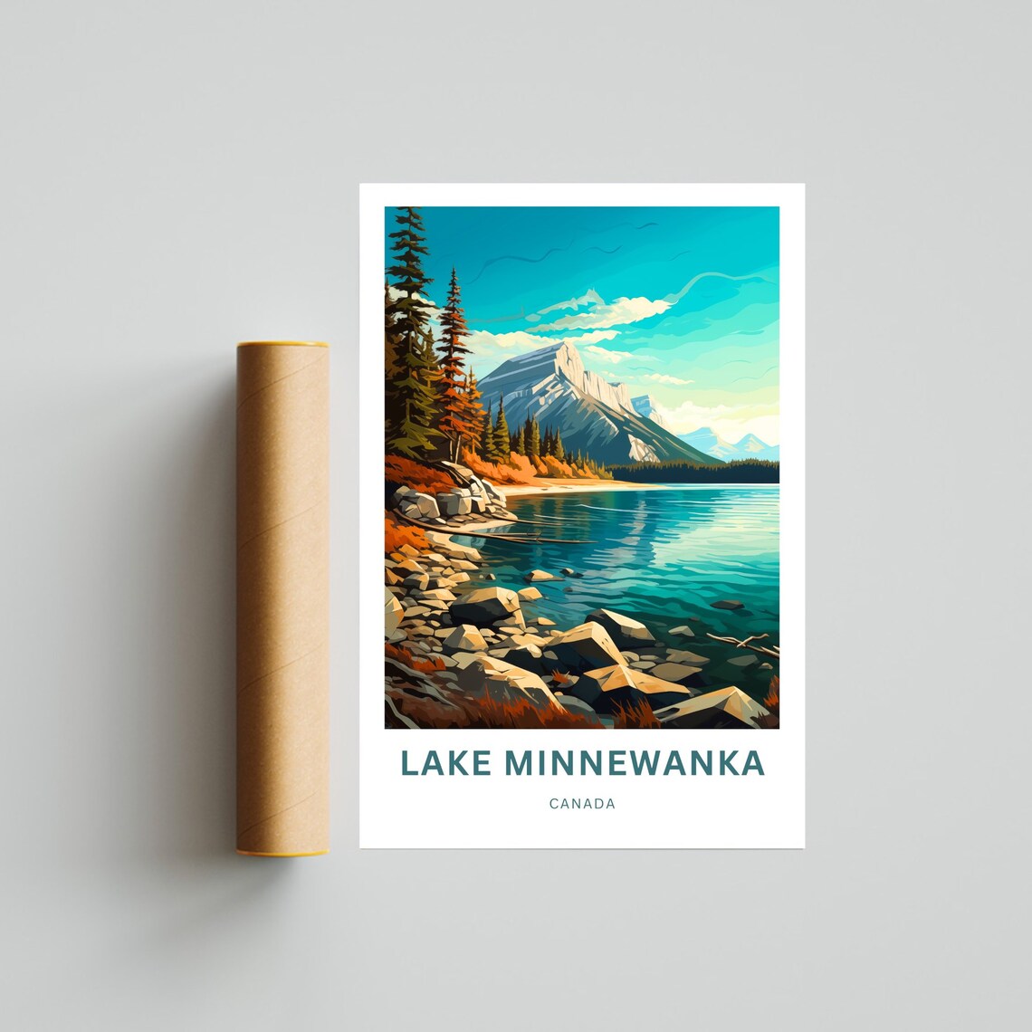 Lake Minnewanka Canada Rocky Shore Snowy Peak Scenic Travel Poster - Image 4