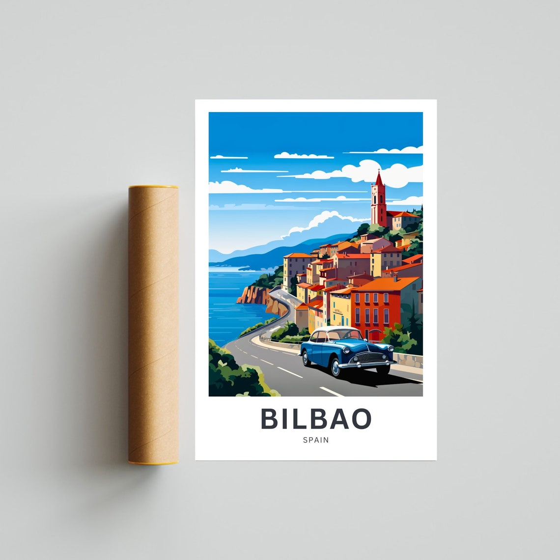 Bilbao Spain Coastal Town Vintage Car Cliffside Drive Poster - Image 4
