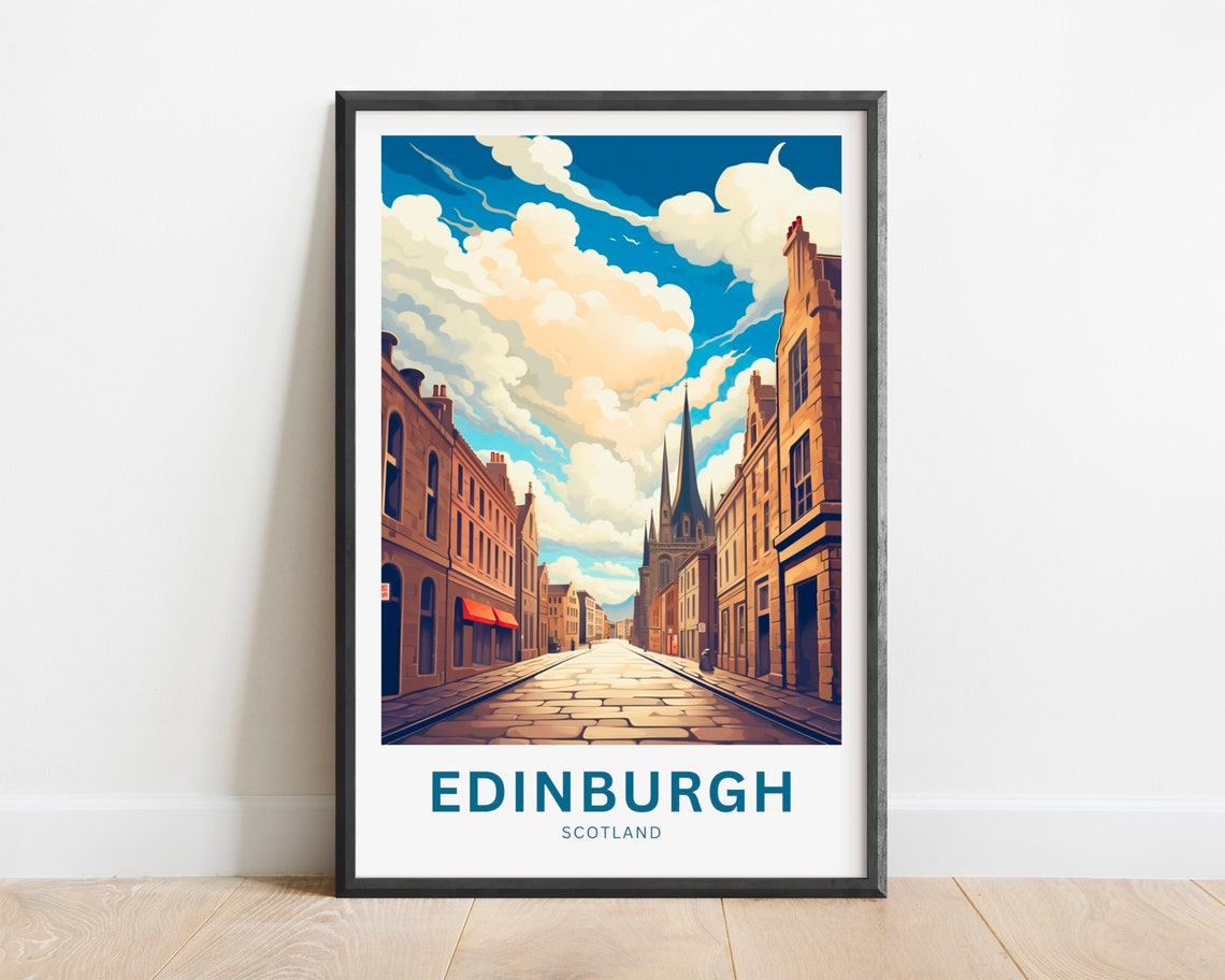 Edinburgh Scotland Cobblestone Street Church Spire Clouds Poster