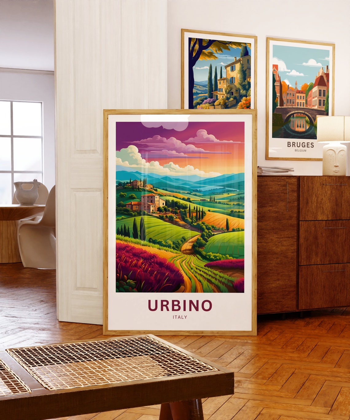 Urbino Italy Rolling Hills Sunset Farmhouse Landscape Poster - Image 5