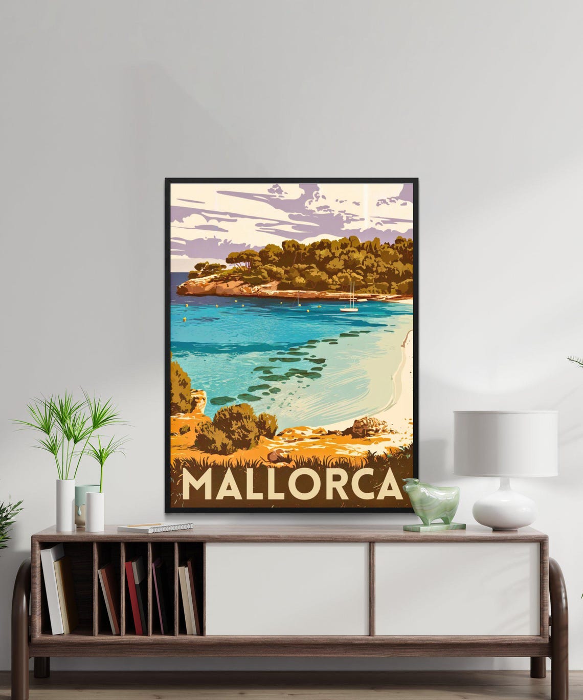 Mallorca Spain Vintage Cove Poster Turquoise Bay Sailboat Pine Cliffs - Image 2