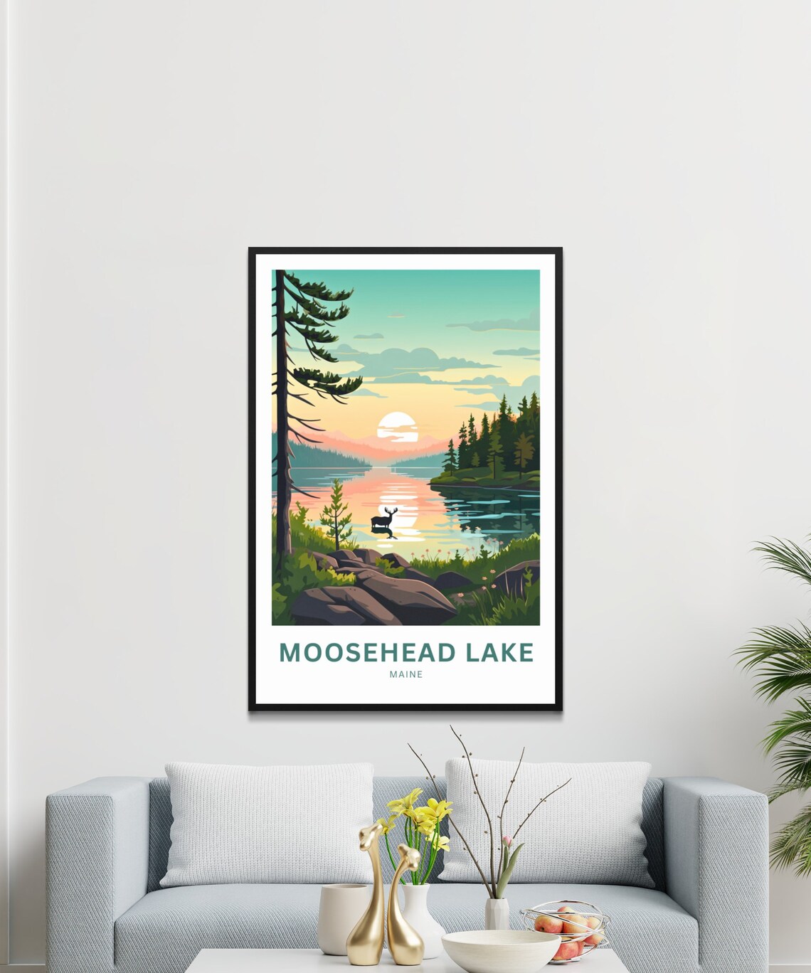 Moosehead Lake Maine Sunset Moose Swimming Lake Travel Poster - Image 3