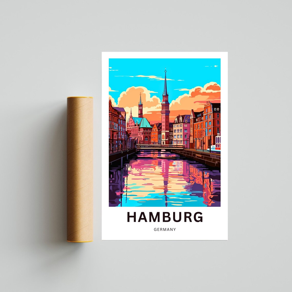Hamburg Germany Sophisticated Canal Sunset Church Views Poster - Image 4