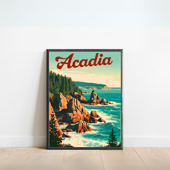 Acadia National Park Vintage Rocky Coastline Pine Forest Poster