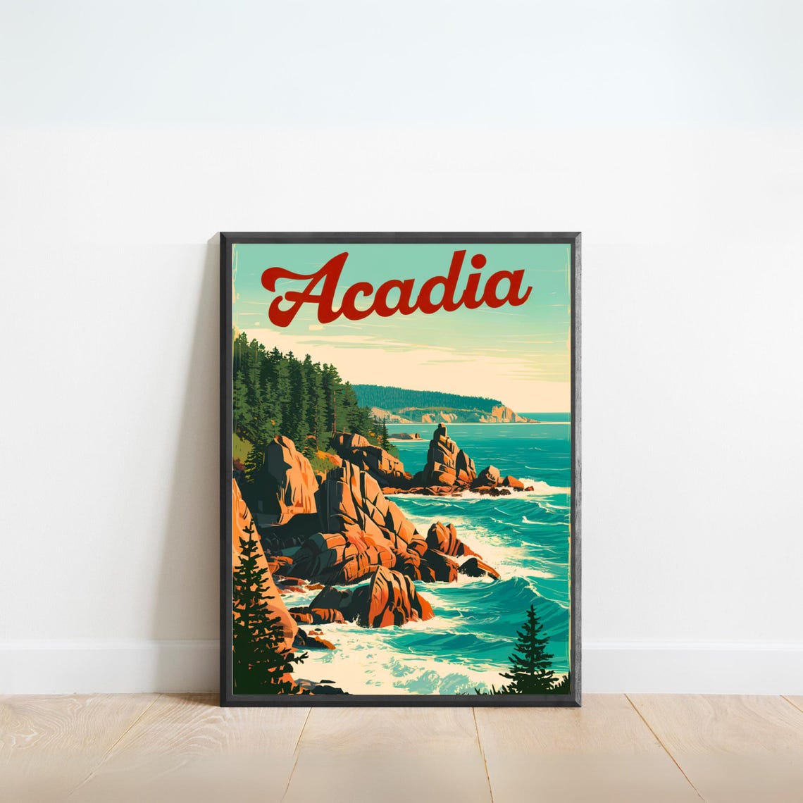 Acadia National Park Vintage Rocky Coastline Pine Forest Poster