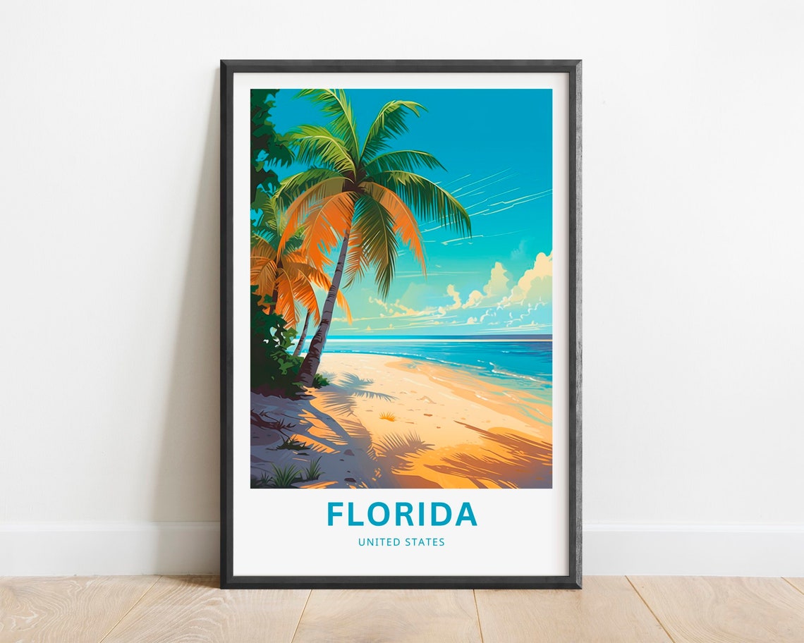 Florida Beach Travel Poster Leaning Palm Tree Sandy Shore Art