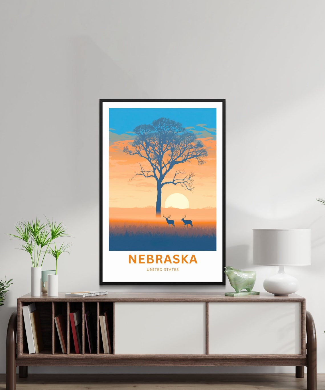 Nebraska Sunset Silhouette Tree with Deer Minimalist Travel Poster - Image 2