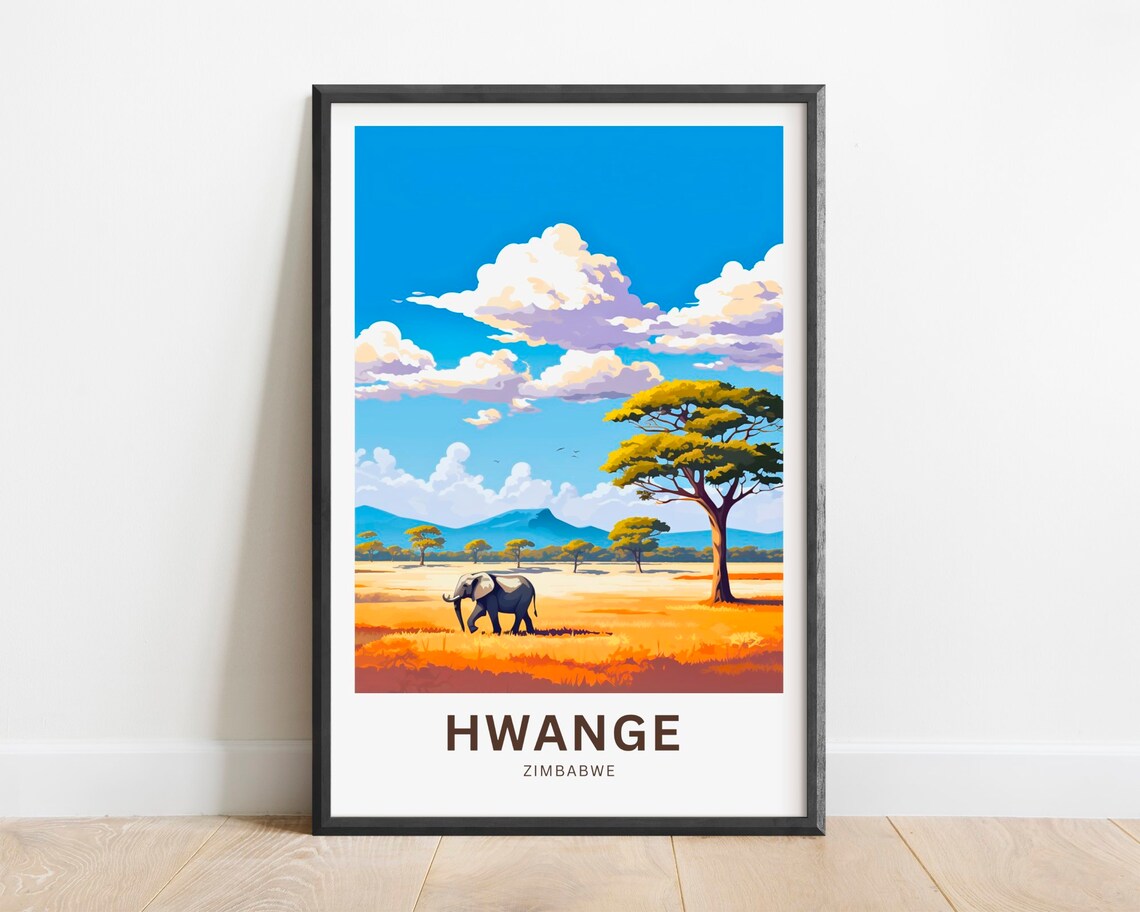 Hwange Zimbabwe Elephant Savanna Acacia Safari Travel Poster