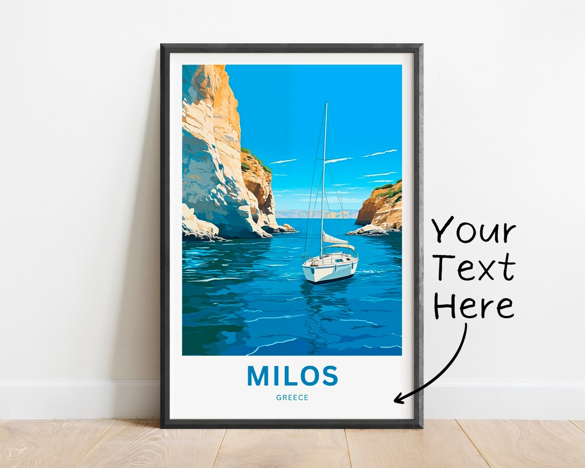 Milos Greece Personalized Sailboat Blue Bay Cliffs Travel Poster