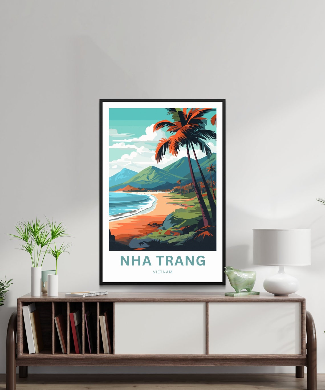 Nha Trang Vietnam Golden Beach Palms Mountain Coast Scene Poster - Image 2