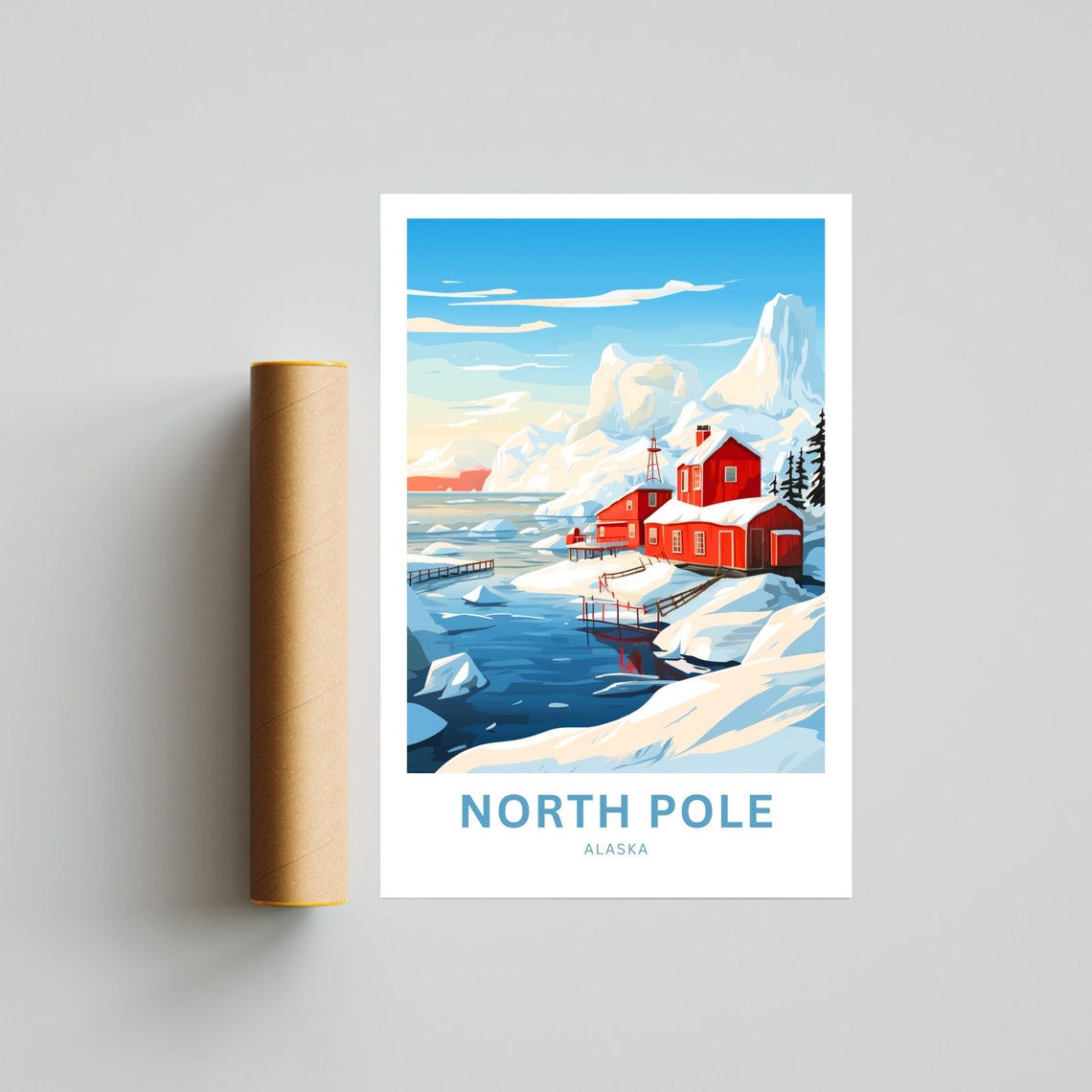 North Pole Alaska Custom Text Red Cabins Icy Harbor Travel Poster - Image 4