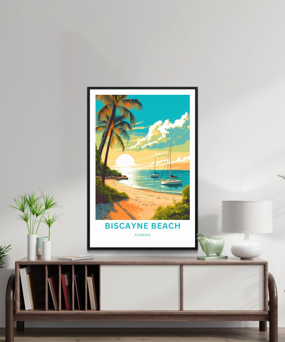 Biscayne Beach Florida Sunset Travel Poster Sailboats Palm Art - Image 2