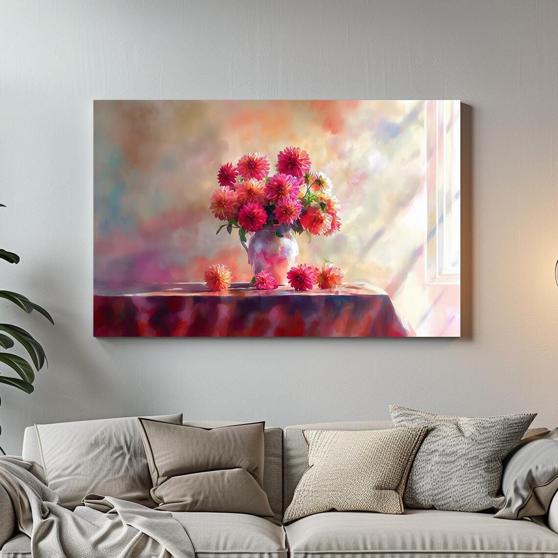 Vibrant Red Dahlias in Sunlit Vase Watercolor Floral Still Life Poster