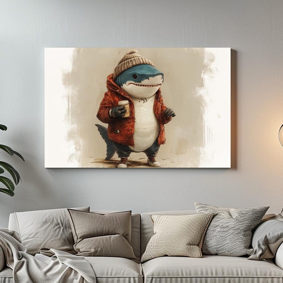 Hipster Shark Coffee Maximalist Eclectic Victorian Print Bold Altered Party Portrait Fantasy Fun Colorful Renaissance Rustic Art