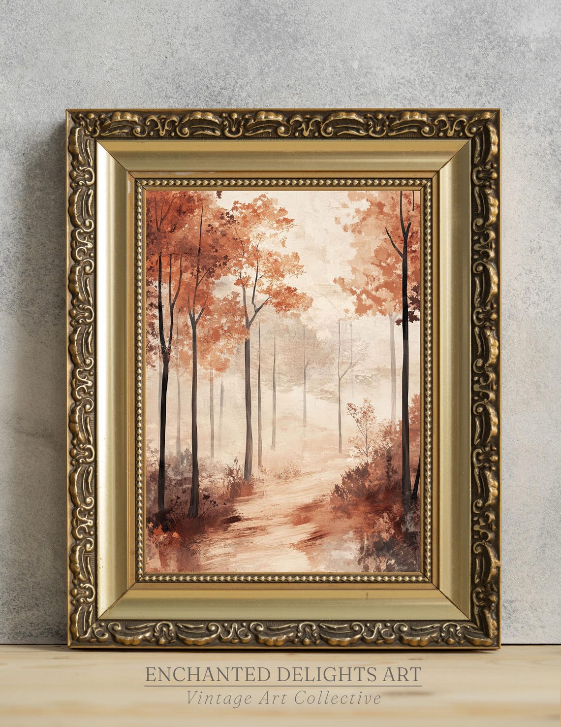 Vintage Autumn Forest Misty Path Orange Trees Warm Fall Poster