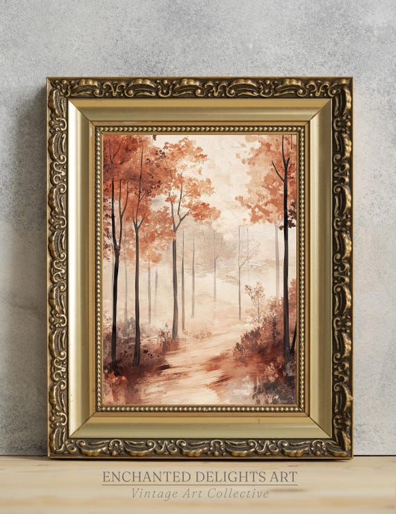 Vintage Autumn Forest Painting Wall Art Warm Fall Decor Antique Rustic Print