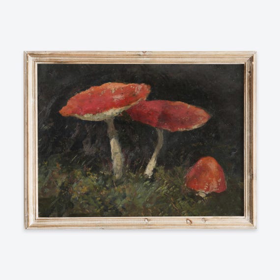 European Vintage Red Mushrooms Dark Moody Still Life Wall Art Print Rustic Nature Painting Antique Botanical Farmhouse Poster Vp414