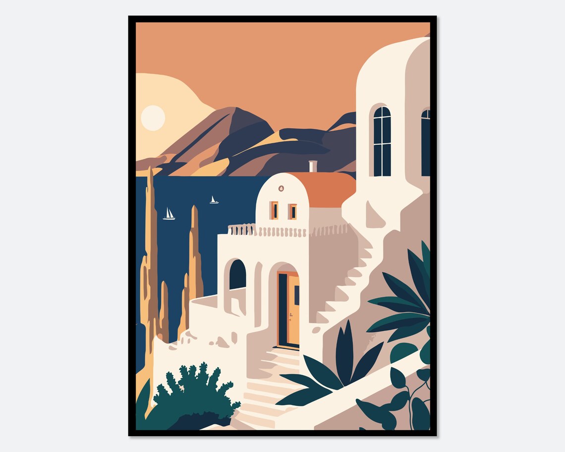 Santorini Sunset Whitewashed Houses Aegean Sea Travel Art Poster