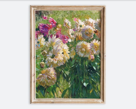 Vintage Dahlia Flower Garden Wall Art Print Antique Botanical Poster Rustic Floral Painting Colorful Nature Farmhouse Decor Vp336