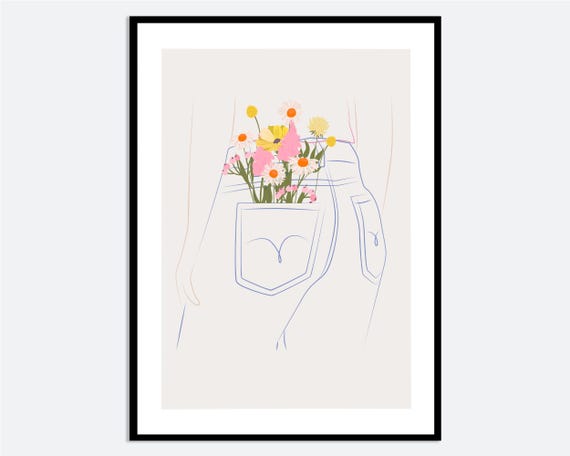 Girl With Flowers In Pocket Wall Art Print Hand Drawn Spring Summer Line Illustration Contemporary Modern Fashion Poster Ma62