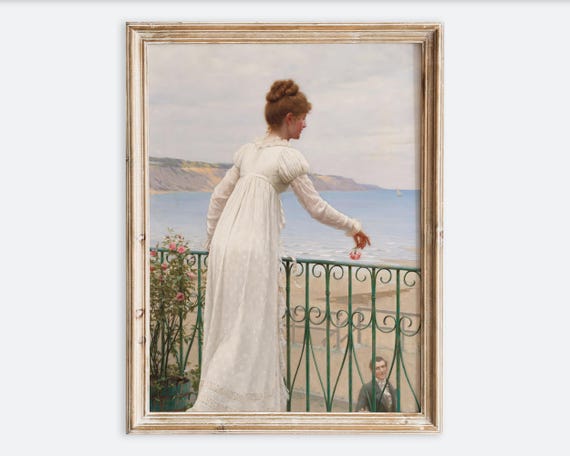 Vintage Rustic Girl In White Dress With Flower Portrait Painting Wall Art Print Antique Woman Poster Moody Neutral Farmhouse Decor Vp341