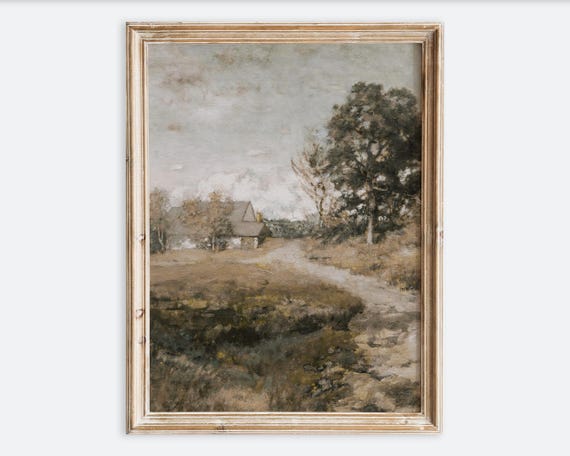 Rustic Vintage Countryside Cottage Trees Lined Garden Path Oil Painting Art Print Landscape Poster Antique Moody Farmhouse Vp197