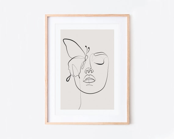 Single Line Woman Of Butterflies Art Print One Drawing Face Minimalist Continuous La33