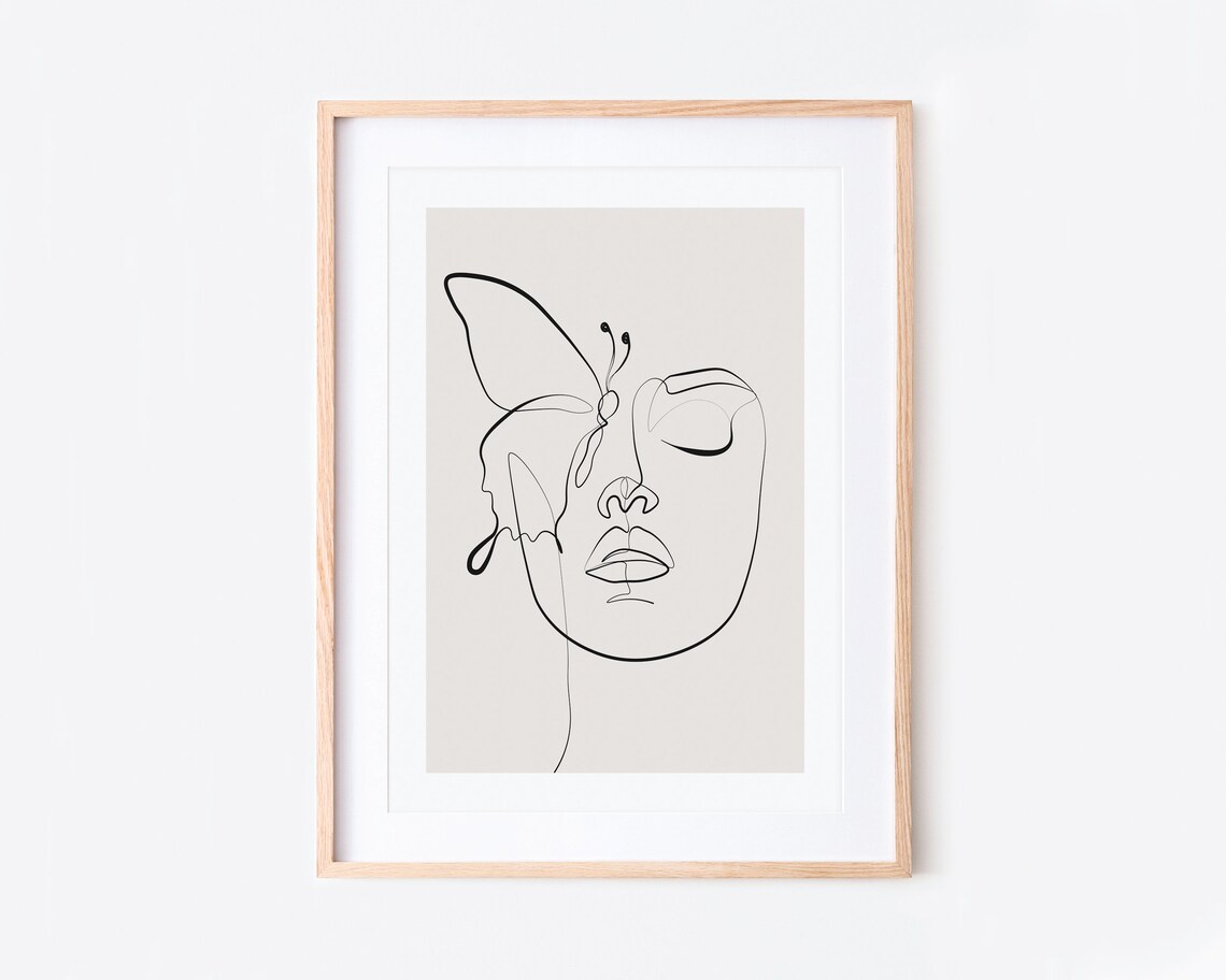 Line Art Woman Face Butterfly Minimalist Single Line Drawing Poster