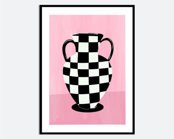 Geometric Black White Checker Vase Abstract Pink Kitchen Still Life Wall Art Print Minimal Hand Drawn Illustration Poster Ma19