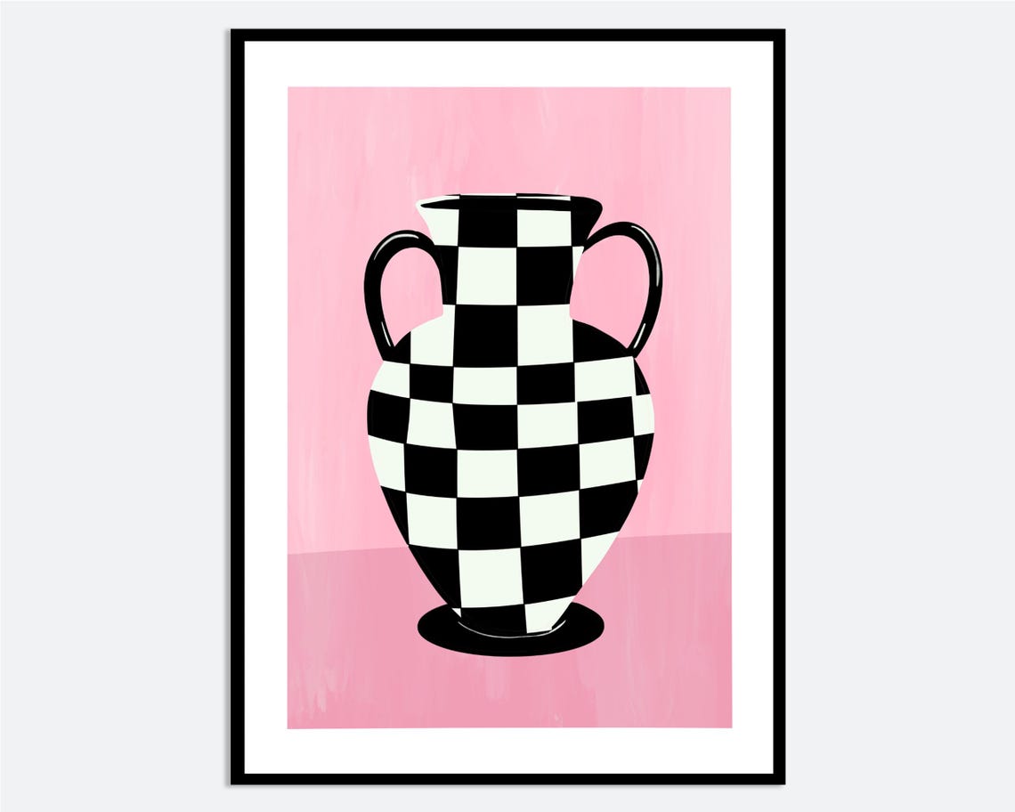 Geometric Black White Checker Vase Abstract Pink Kitchen Still Life Wall Art Print Minimal Hand Drawn Illustration Poster Ma19