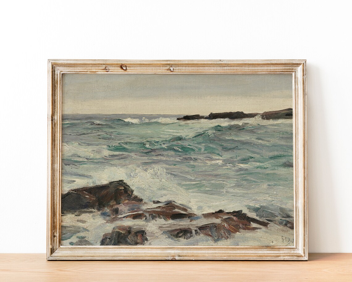 Vintage European Rustic Coastal Ocean Waves Muted Beach Oil Painting Landscape Seascape Poster Mute Antique Moody Farmhouse Print Vp105