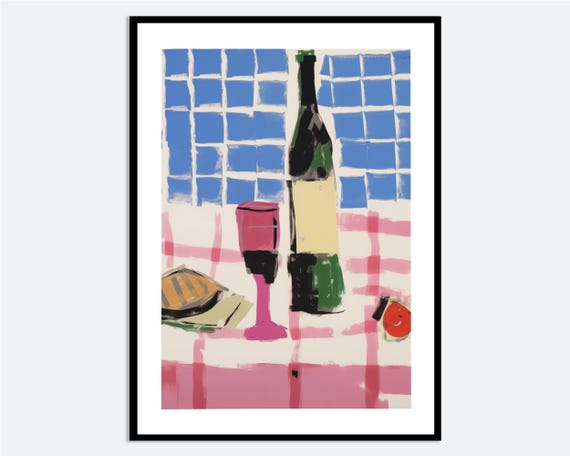 Wine Bottle Still Life Wall Art Print Contemporary Modern Kitchen Illustration Pink Blue Spring Summer Poster Ma36