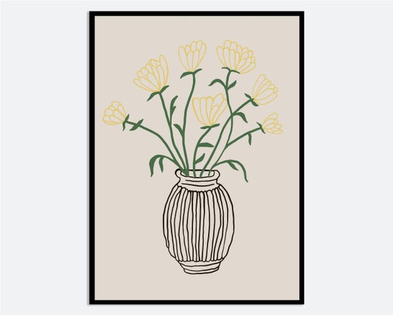 Yellow Flowers In Vase Line Art Wall Print Hand Drawn Spring Summer Illustration Contemporary Modern Floral Poster Ma87