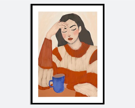 Woman Striped Sweater Blue Mug Cozy Morning Painting Art Poster