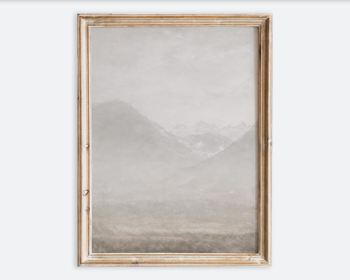 Misty Mountain Valley Vintage Muted Neutral Landscape Art Poster
