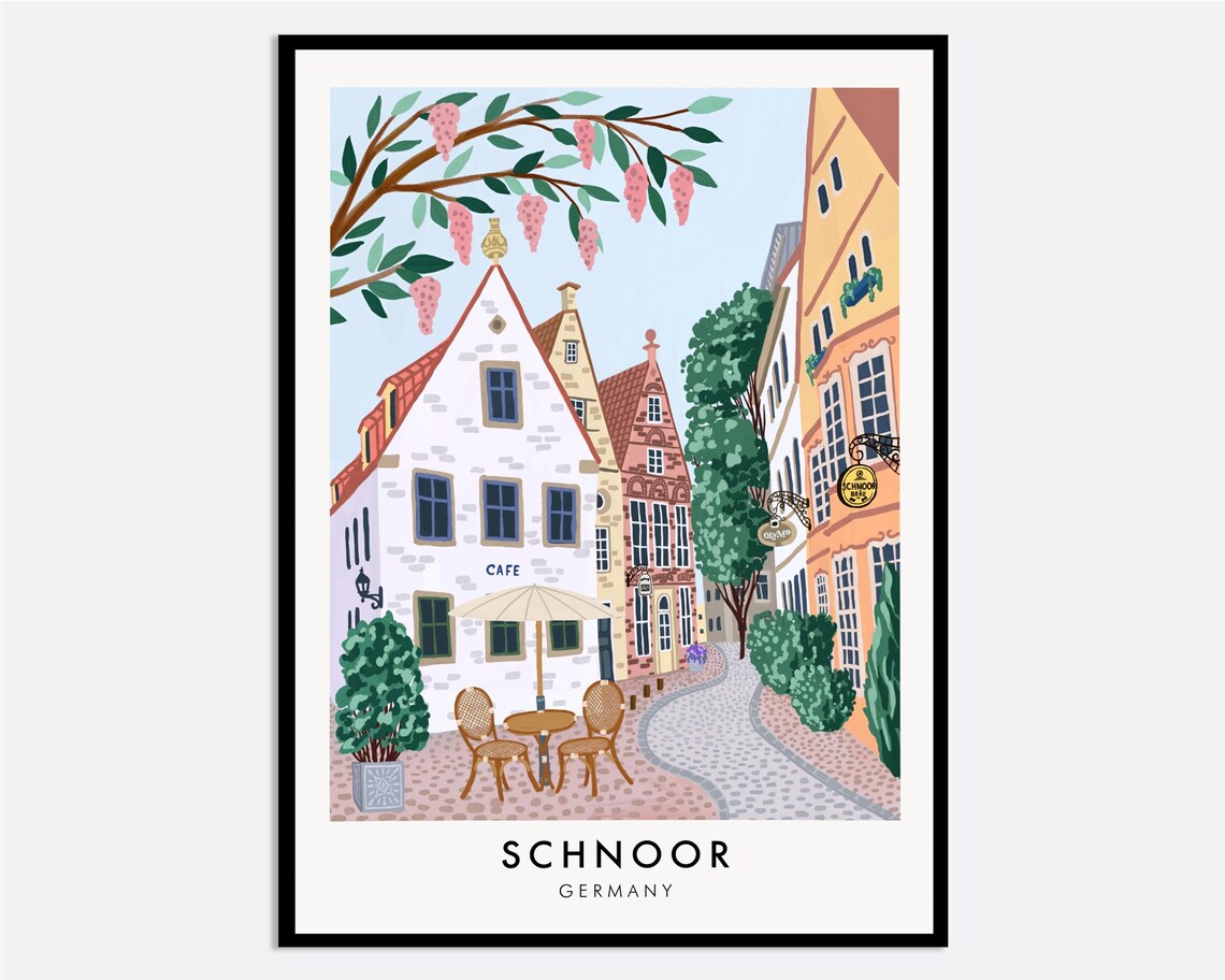 Schnoor Bremen Germany Cobblestone Street Cafe Vintage Travel Poster