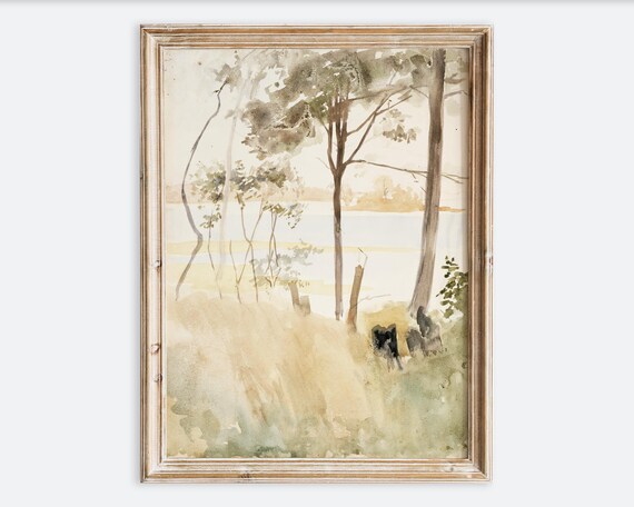 Muted Lakeside Trees Vintage Watercolor Neutral Landscape Poster