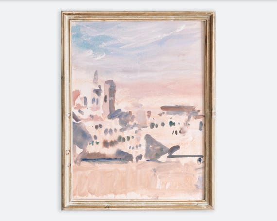 Vintage View Of Town Cityscape Wall Art Print Antique European Village Painting Rustic Pastel Landscape Poster Neutral Pink Decor Vp388