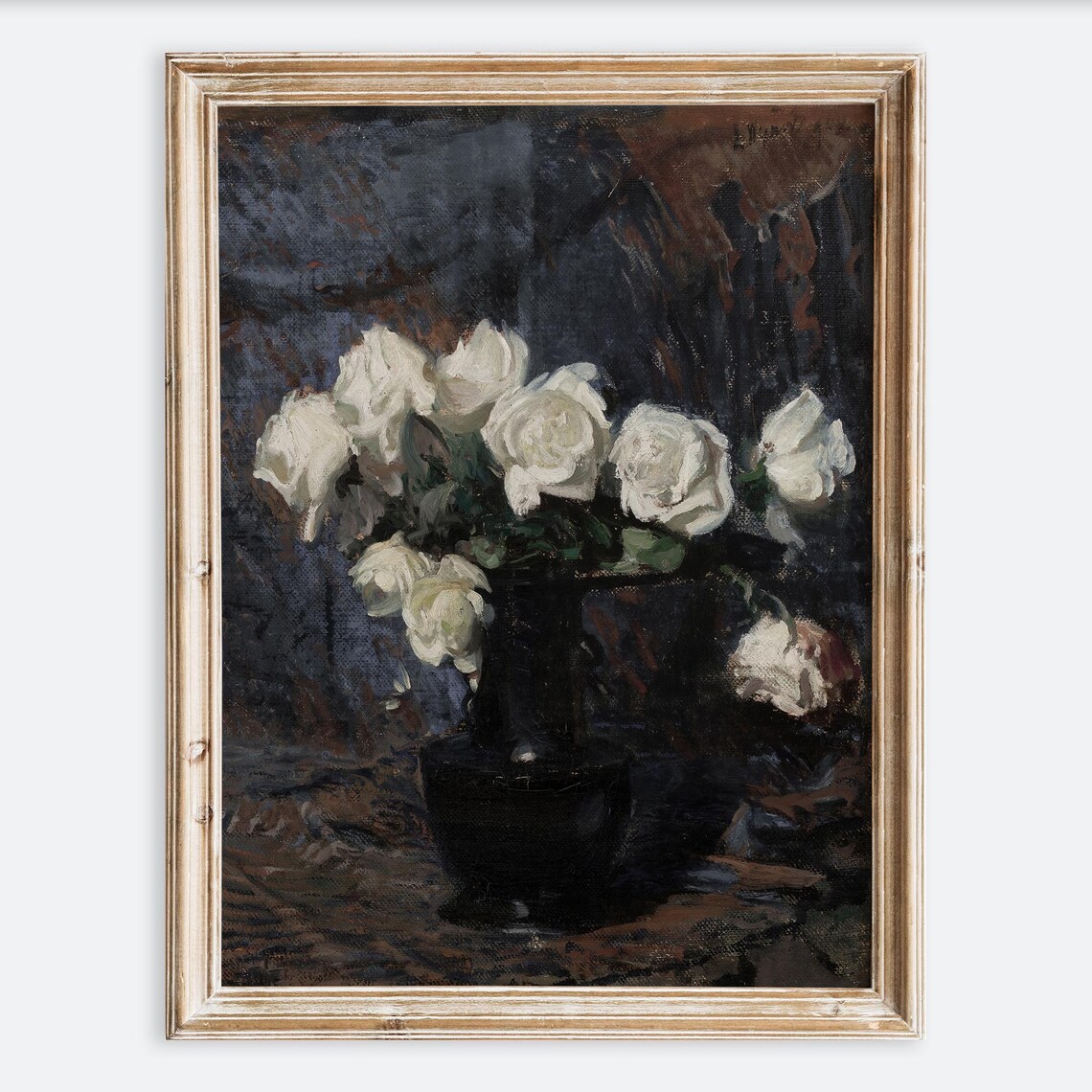 European Vintage White Rose Still Life Art Print