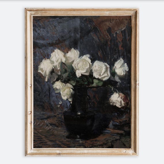 European Vintage White Rose Still Life Art Print