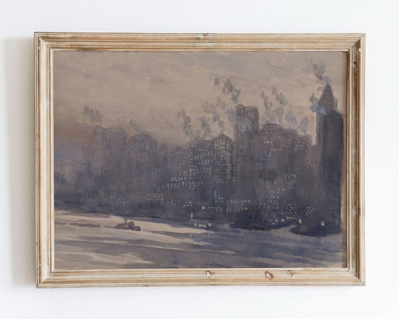 Vintage Rustic New York City Evening Skyline Muted Watercolor Painting Wall Art Print Landscape Poster Mute Antique Moody Farmhouse Vp87