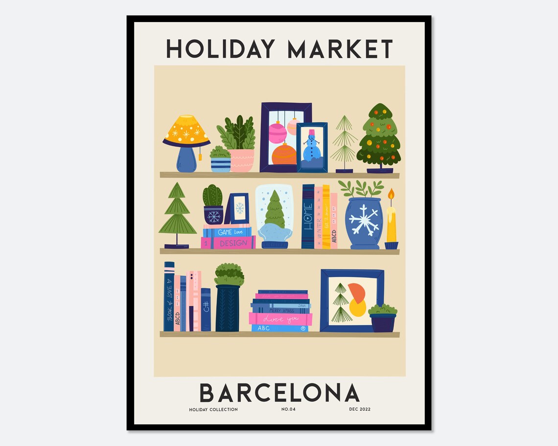 Holiday Market Barcelona Bookshelf Decor Christmas Collection Poster