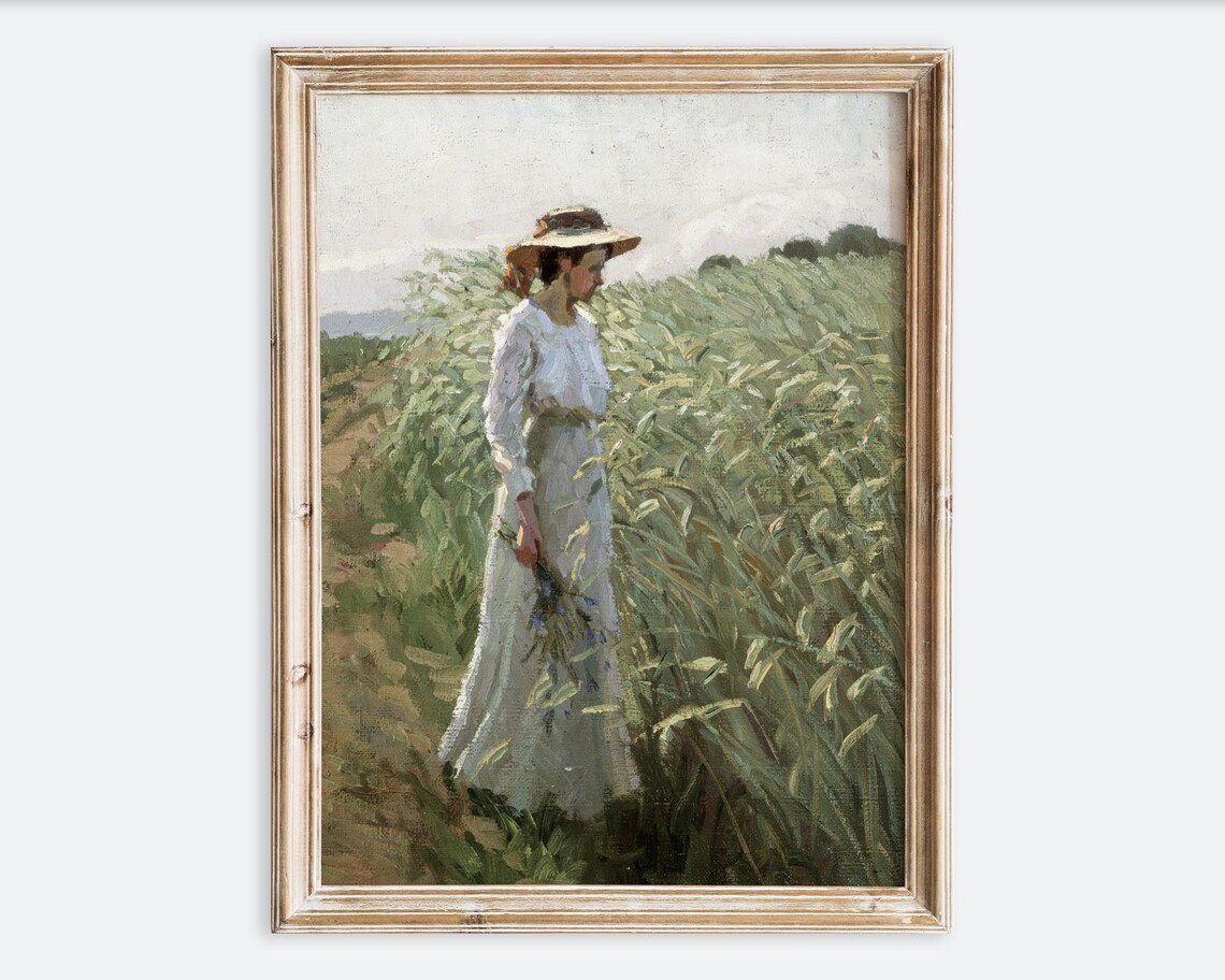 Woman In Wheat Field Vintage Impressionist Portrait Art Print