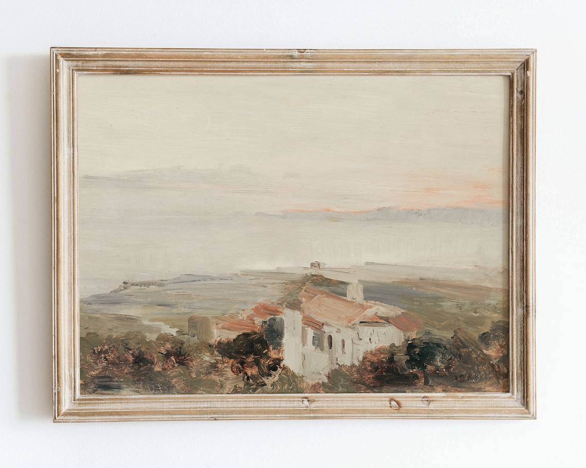 Vintage Coastal Town Sea Villa Terracotta Roofs European Oil Painting Poster