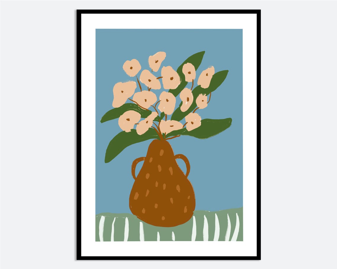 Peach Flowers Brown Spotted Vase Abstract Floral Kitchen Art Poster