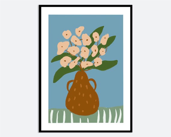 Flowers In Brown Vase Blue Wall Art Print Hand Drawn Floral Still Life Illustration Modern Contemporary Botanical Poster Ma103