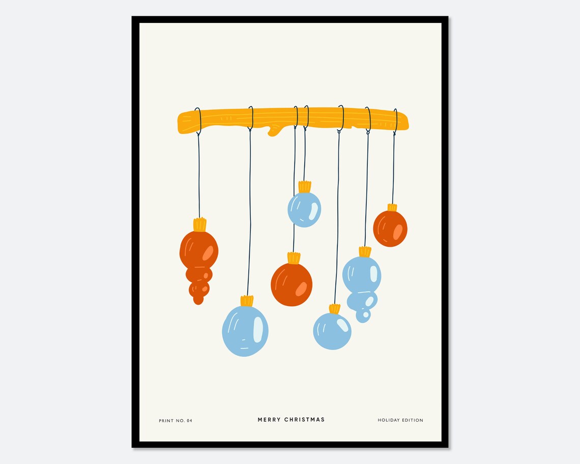 Merry Christmas Hanging Ornaments Branch Modern Holiday Art Poster