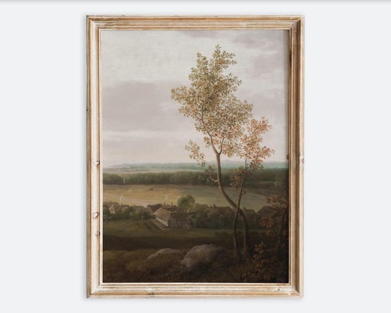 Rustic Vintage European View Of Countryside Painting Wall Art Print Green Field Hilltop Landscape Poster Antique Moody Farmhouse Vp202
