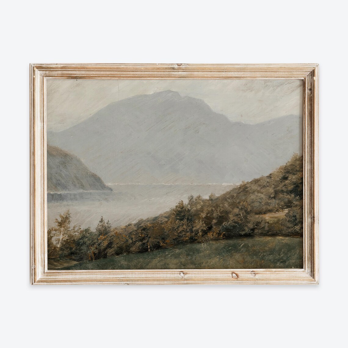 Misty Mountain Lake Moody Gray Tones Vintage Oil Painting Poster