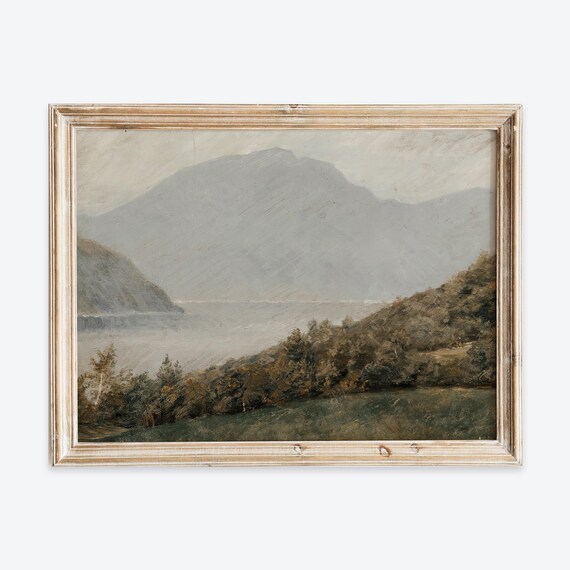 Misty Mountain Lake Moody Gray Tones Vintage Oil Painting Poster
